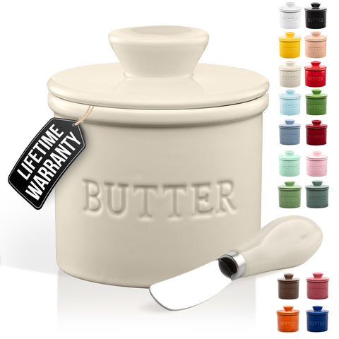 Zulay Kitchen porcelain butter crock with lid in ivory keeps butter protected and ready to spread