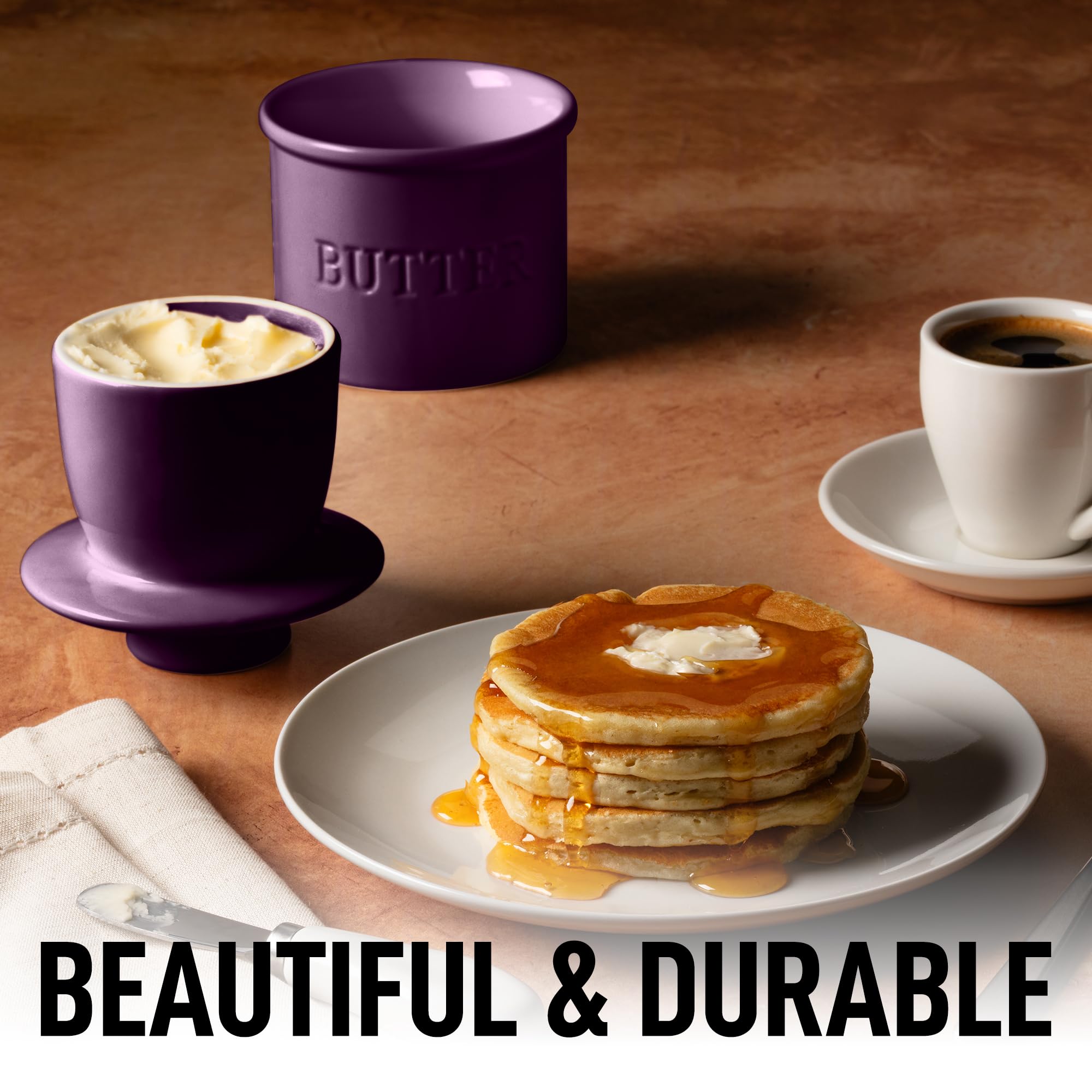 Zulay Kitchen porcelain butter crock keeps a whole stick ready to spread.
