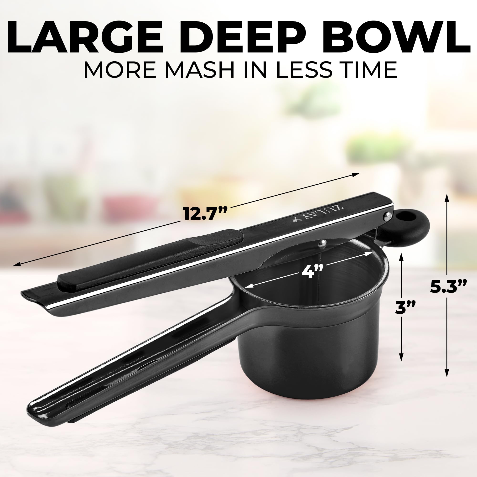Zulay Kitchen ricer shows three discs for fine, medium, and coarse mash.
