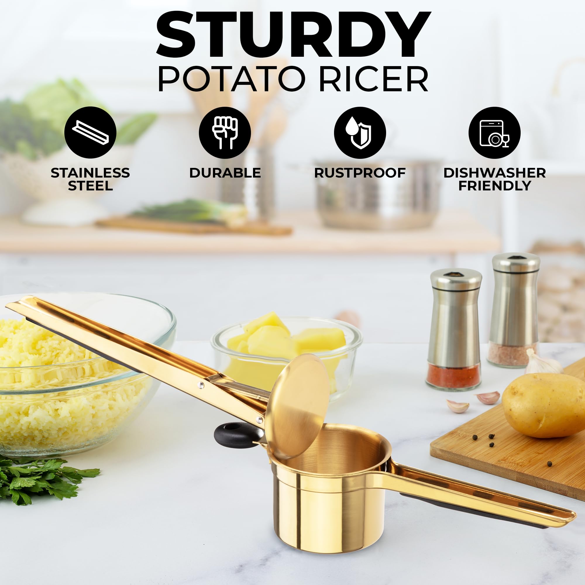 Zulay Kitchen potato ricer with 3mm holes for smooth, airy mash.