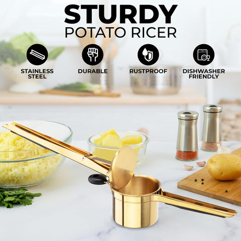 Zulay Kitchen potato ricer with 3mm holes for smooth, airy mash.