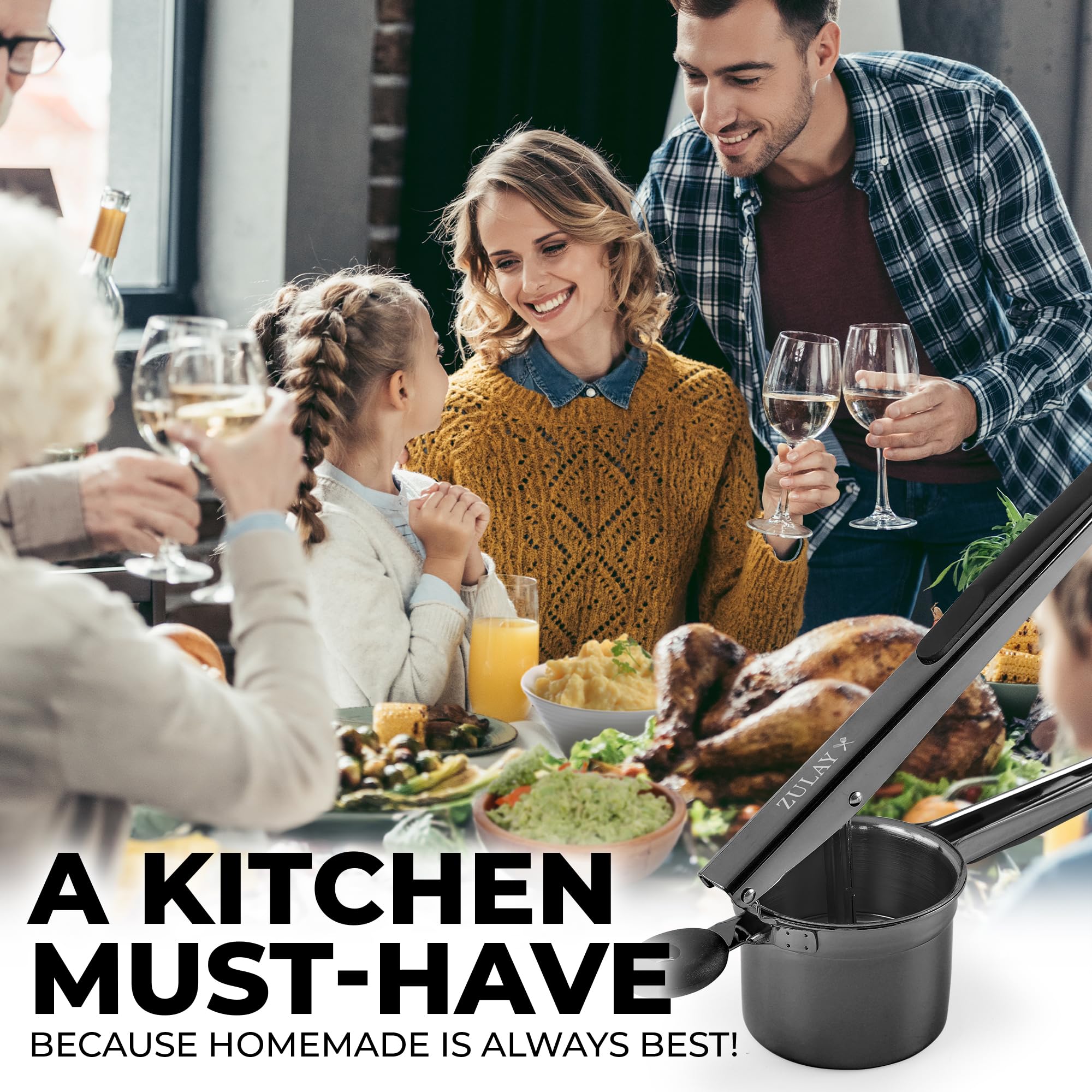 Zulay Kitchen potato ricer with hanging ring for easy storage.