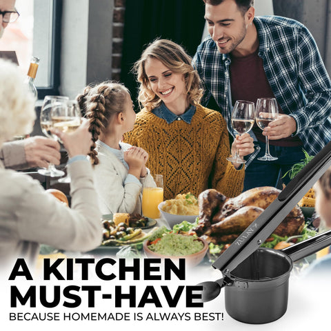 Zulay Kitchen potato ricer with hanging ring for easy storage.