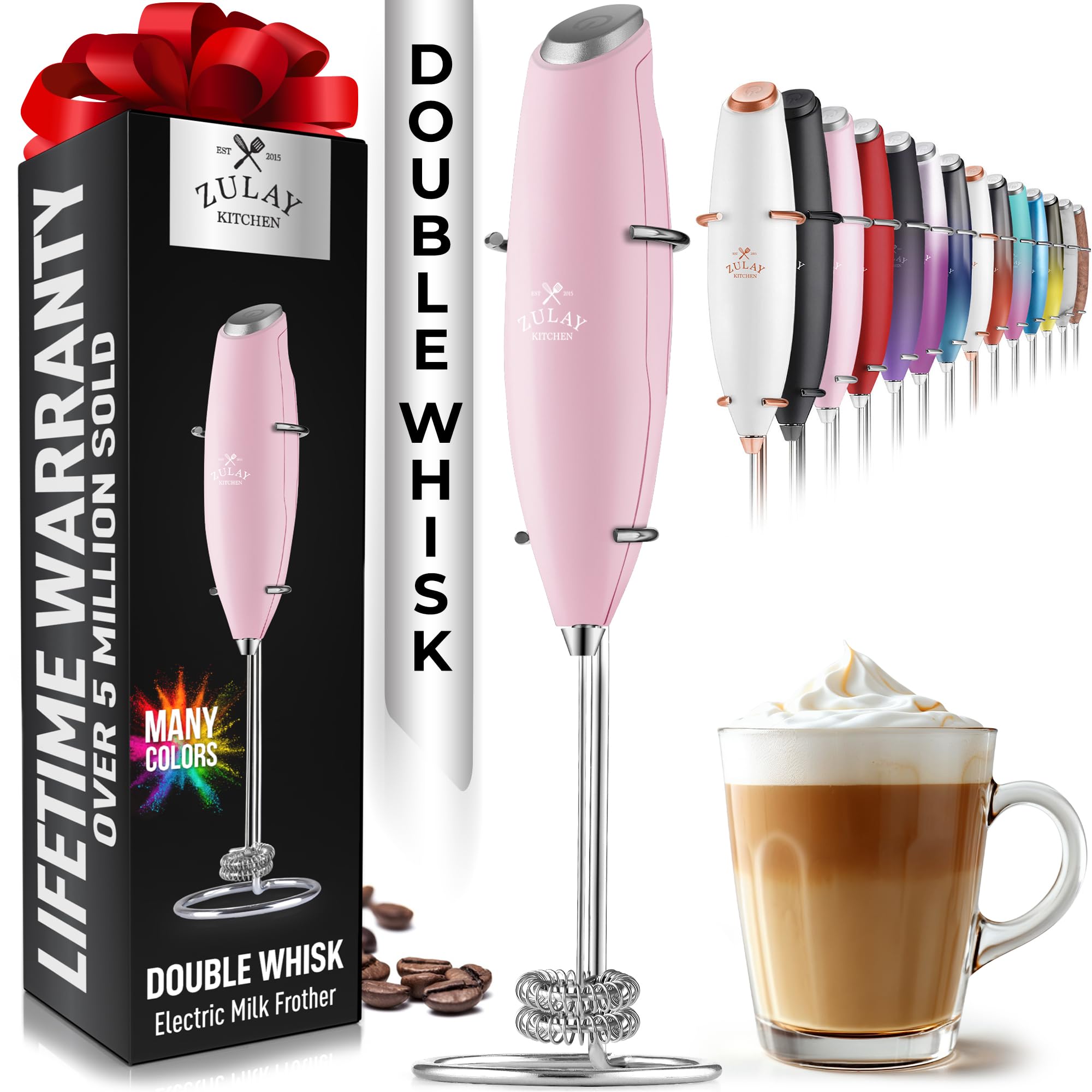 Zulay Kitchen powerful double whisk milk frother on stand delivering rich foam