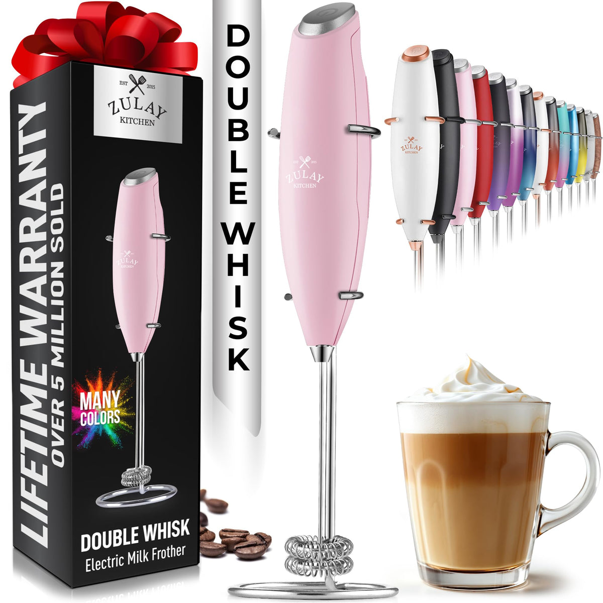 Zulay Kitchen powerful double whisk milk frother on stand delivering rich foam