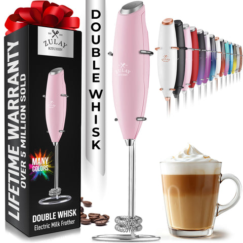 Zulay Kitchen powerful double whisk milk frother on stand delivering rich foam