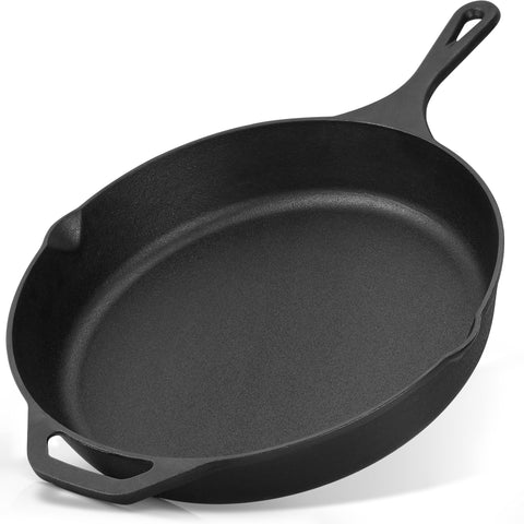 Zulay Kitchen pre-seasoned cast iron skillet top view for versatile indoor and outdoor cooking.