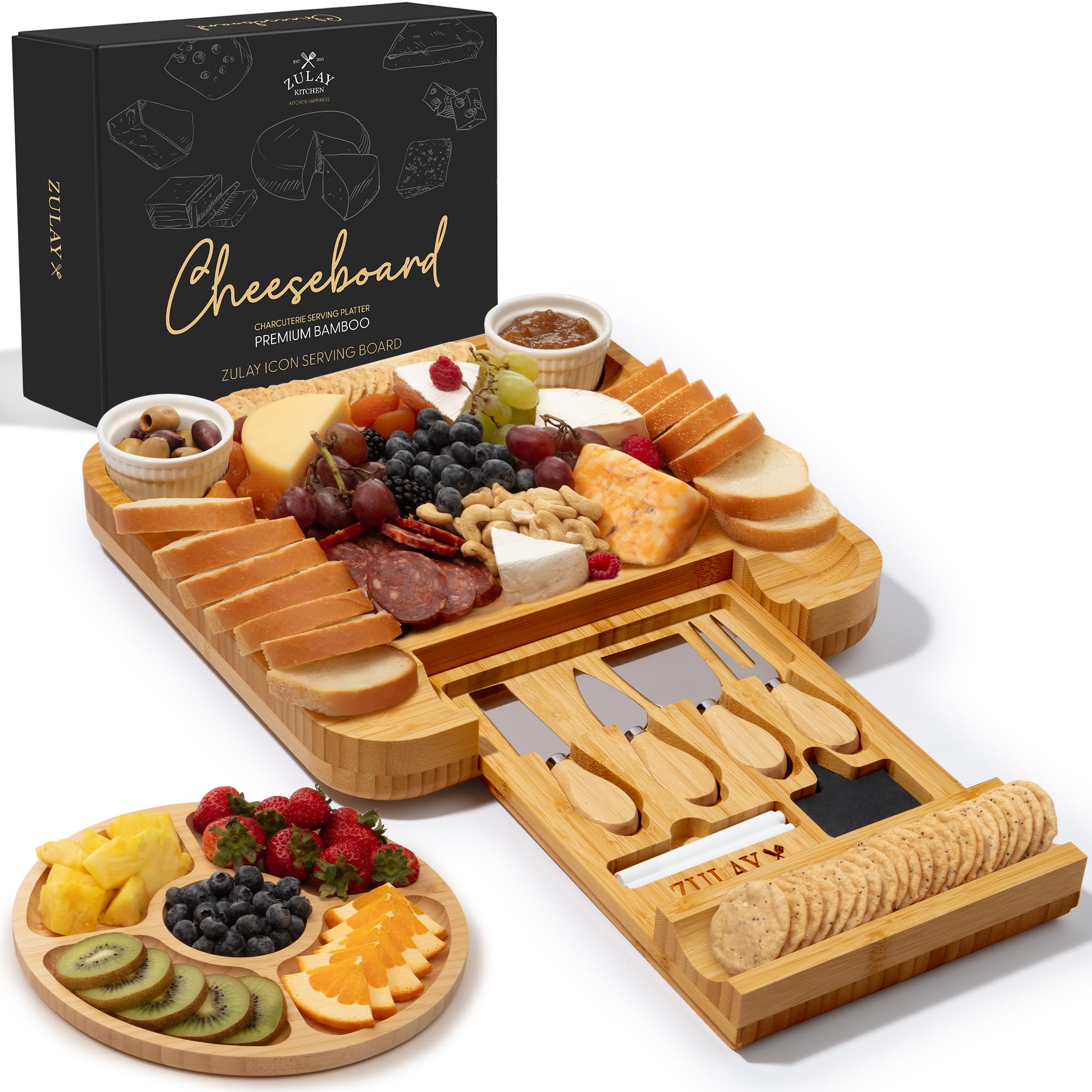 Zulay Kitchen premium bamboo charcuterie board, top view for elegant entertaining.