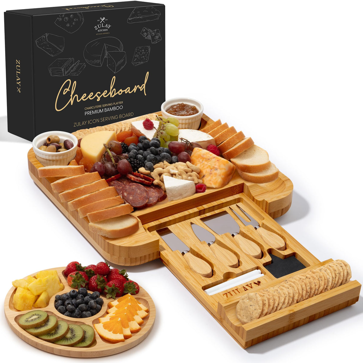 Zulay Kitchen premium bamboo charcuterie board, top view for elegant entertaining.