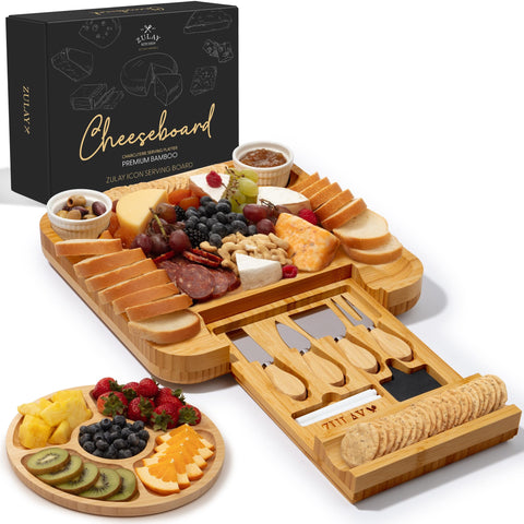 Zulay Kitchen premium bamboo charcuterie board, top view for elegant entertaining.