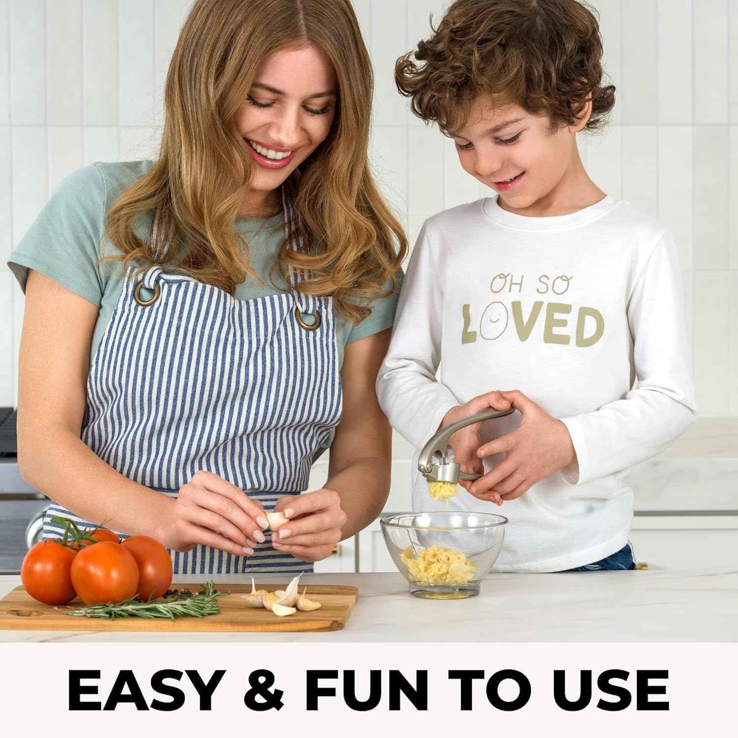 Zulay Kitchen ergonomic-handle design reduces wrist strain while crushing garlic.