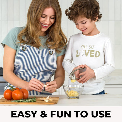Zulay Kitchen ergonomic-handle design reduces wrist strain while crushing garlic.