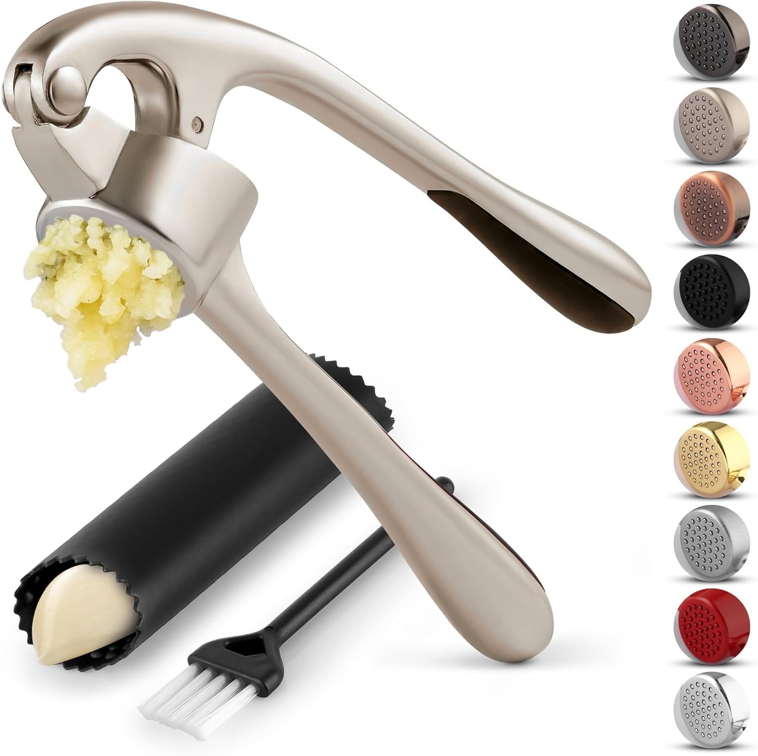Zulay Kitchen garlic press in action, quickly minces cloves into smooth paste.