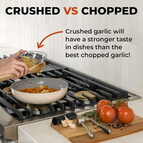 Zulay Kitchen silver-finish garlic press shines on the countertop.