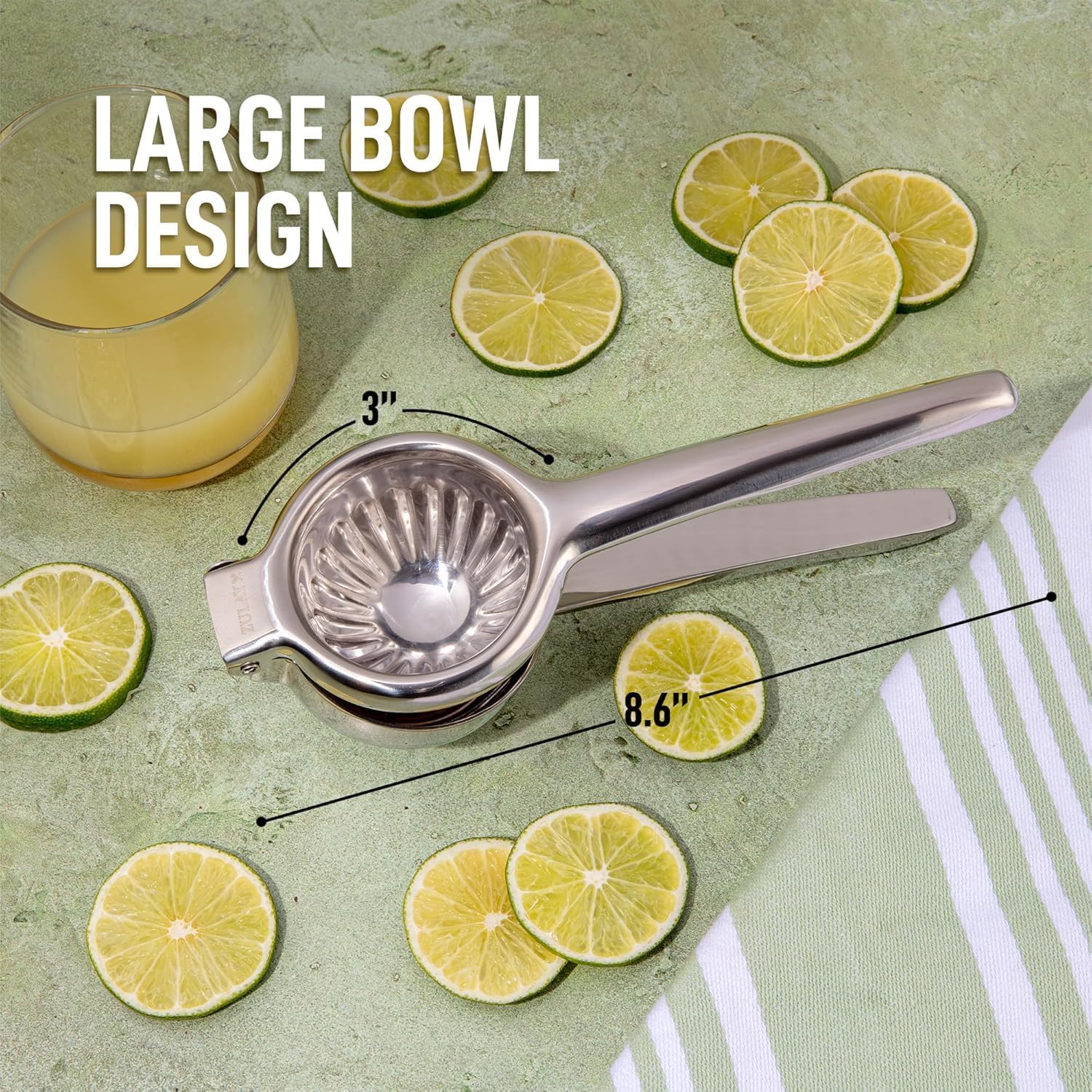 Zulay Kitchen premium lemon-press stainless-steel design delivers effortless hand-squeezing for quick lemonade.