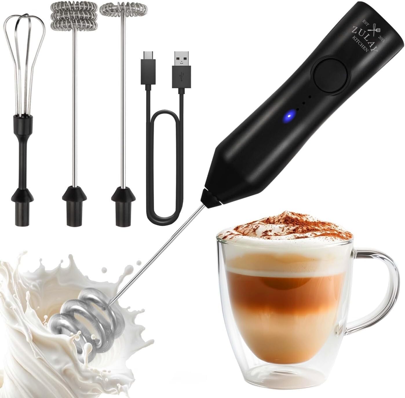 Zulay Kitchen rechargeable milk frother with 3 speeds for café-quality foam at home