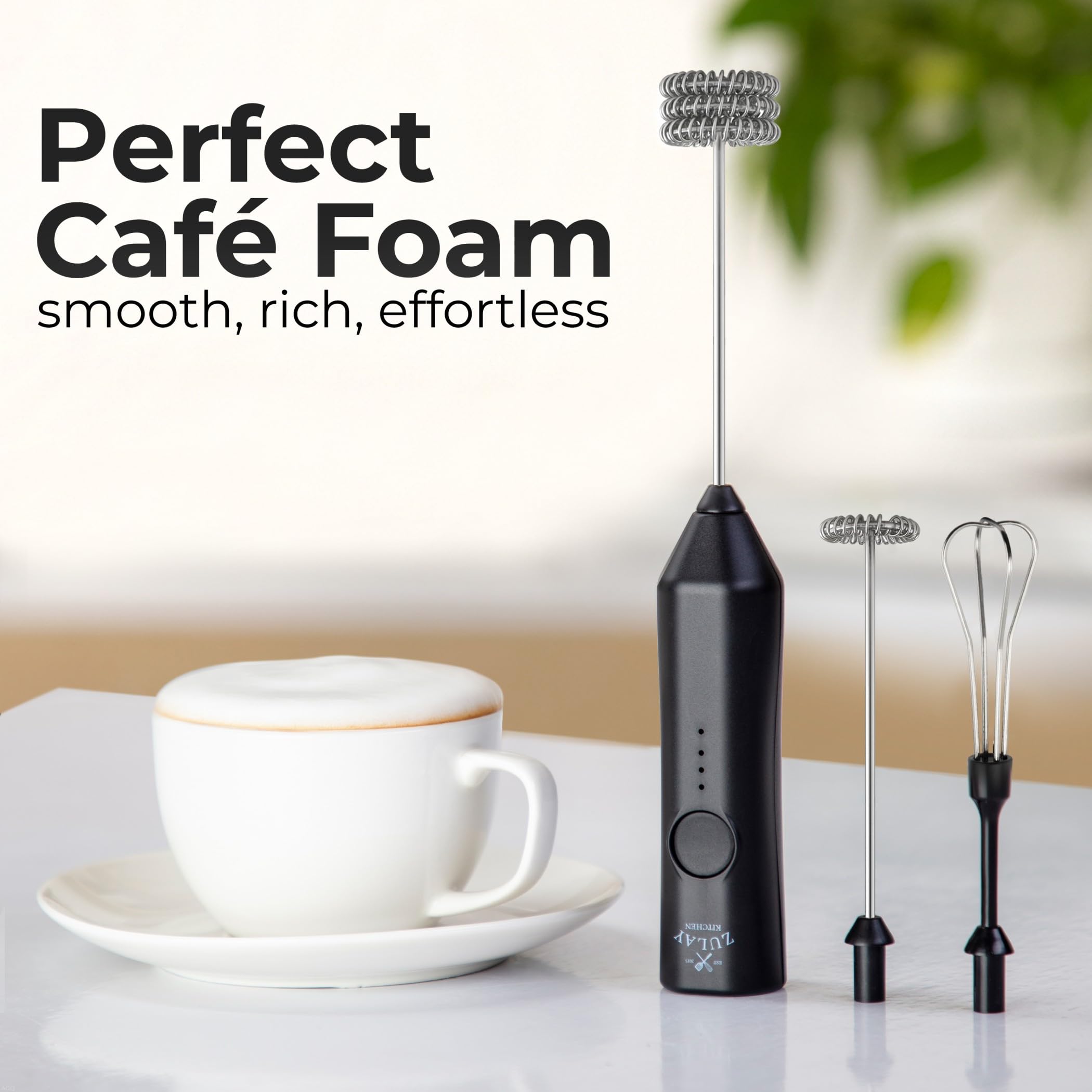 Zulay Kitchen frother in use creating latte foam at home