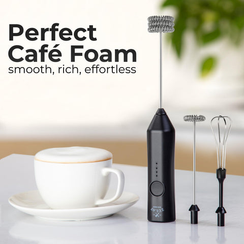 Zulay Kitchen frother in use creating latte foam at home