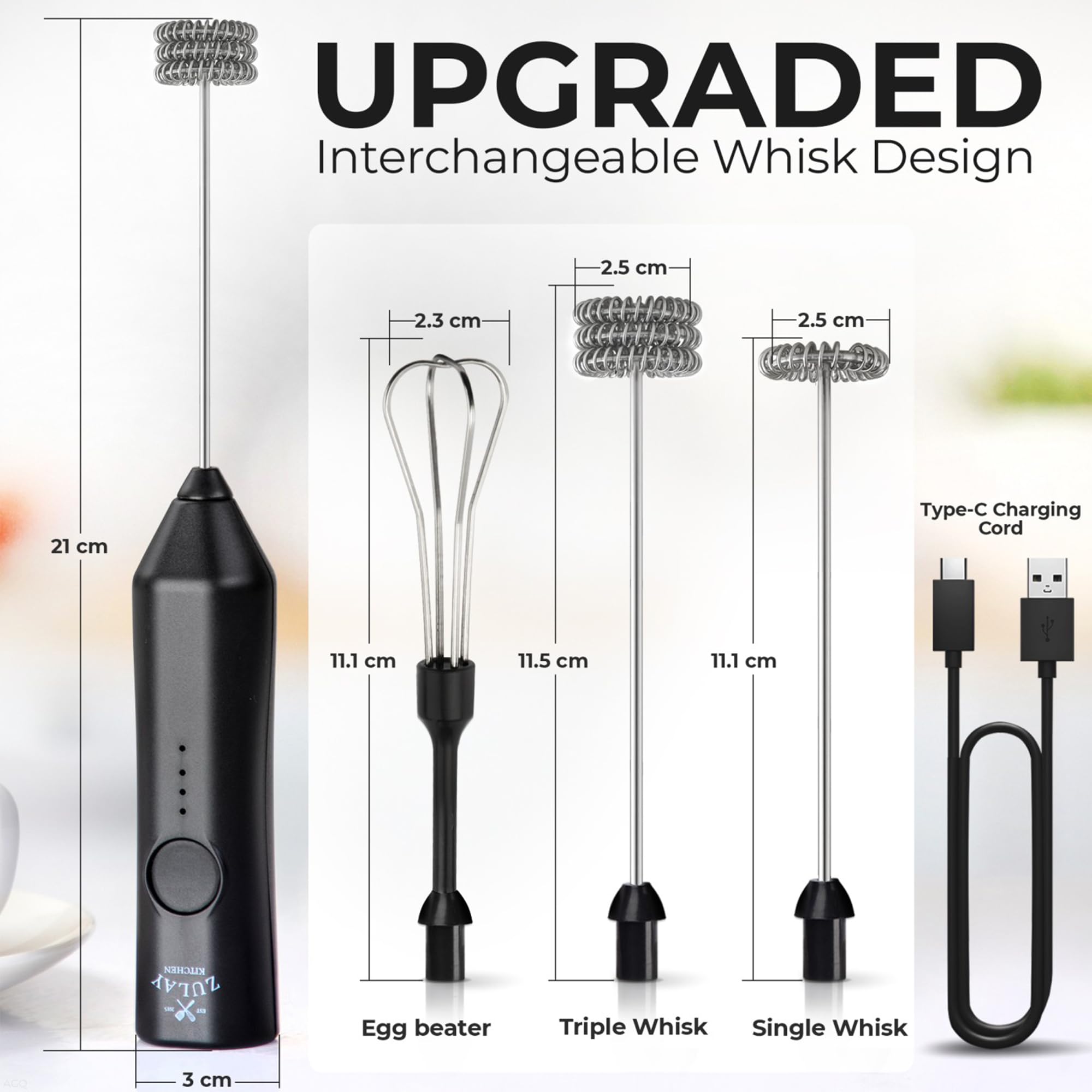 Zulay Kitchen frother USB-C charging port for quick cordless power