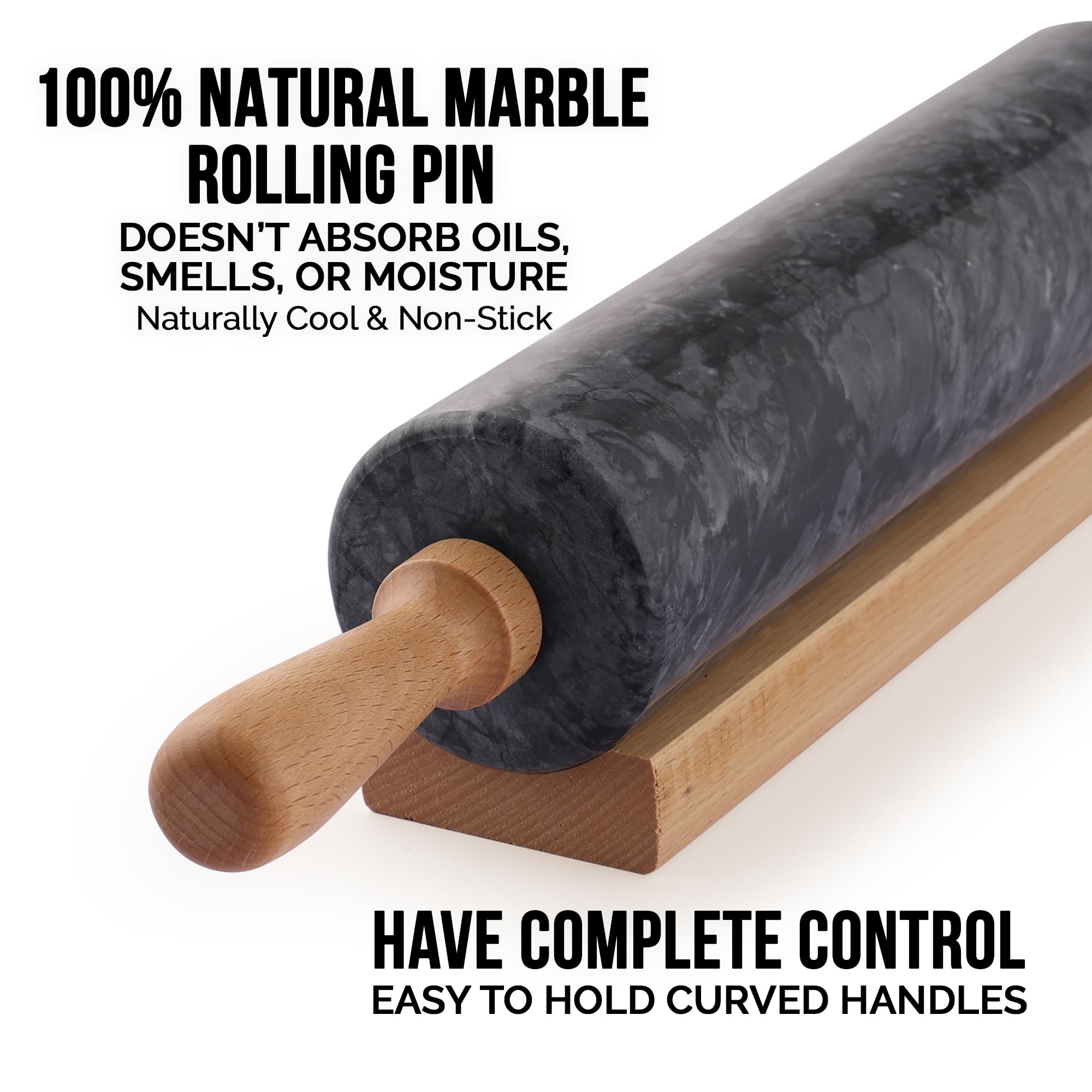 Zulay Kitchen rolling pin resting base keeps pin from rolling off counter.