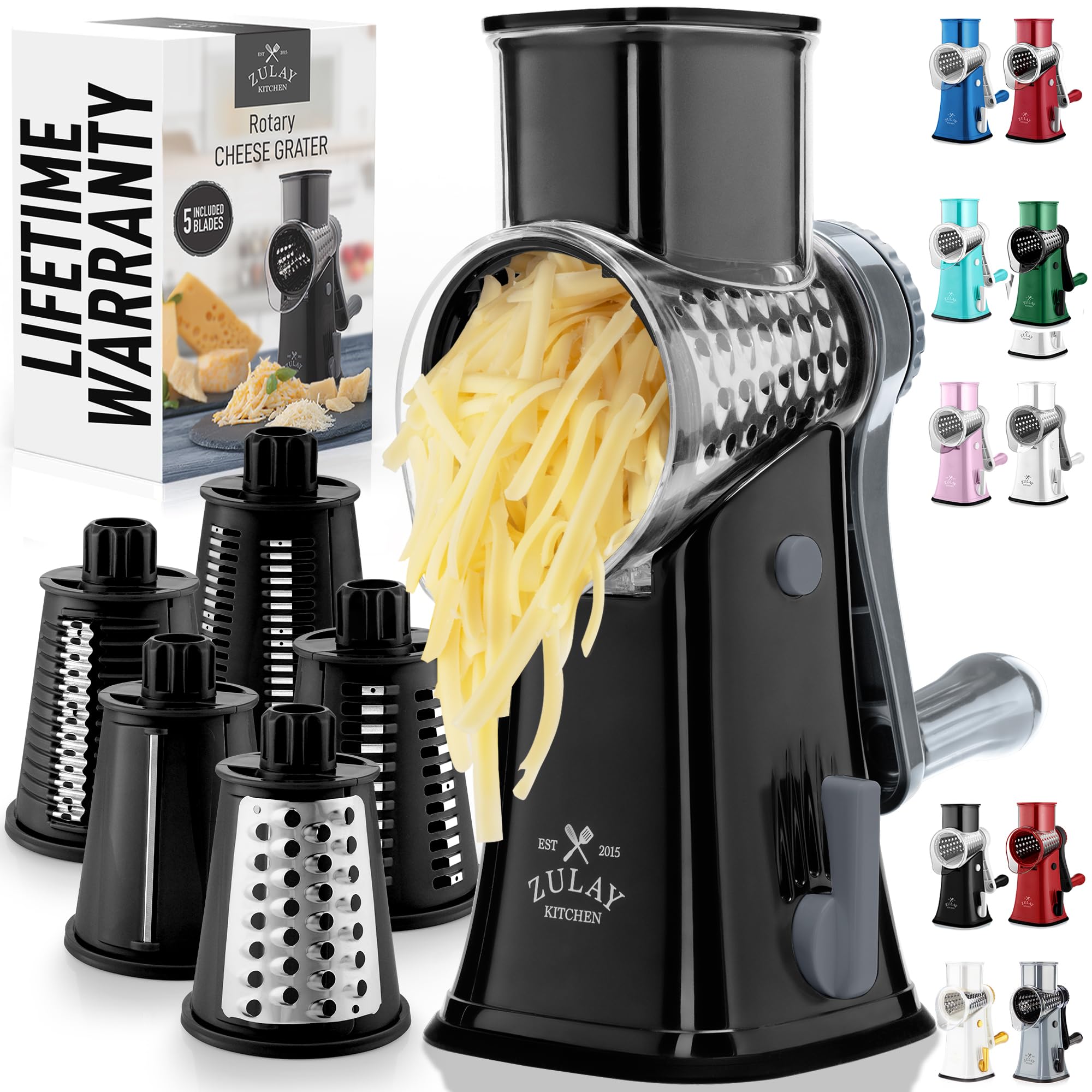 Zulay Kitchen rotary cheese grater with 5 blades for fast shredding