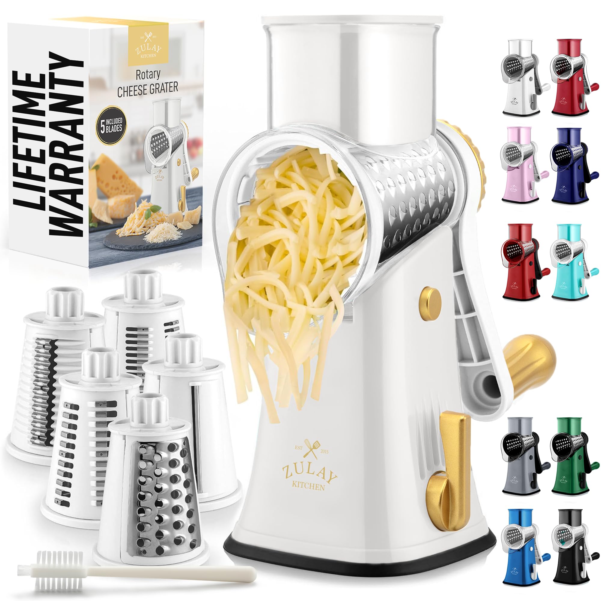 Zulay Kitchen rotary cheese grater with 5 blades enables fast shredding.