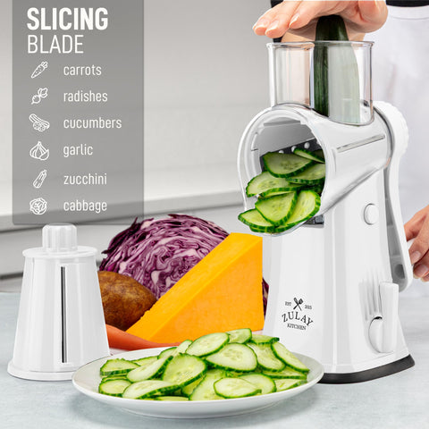 Five interchangeable drums shown for different cuts on Zulay Kitchen grater