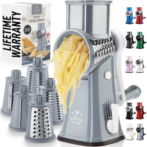 Zulay Kitchen rotary cheese grater with handle offers safe, fast shredding.