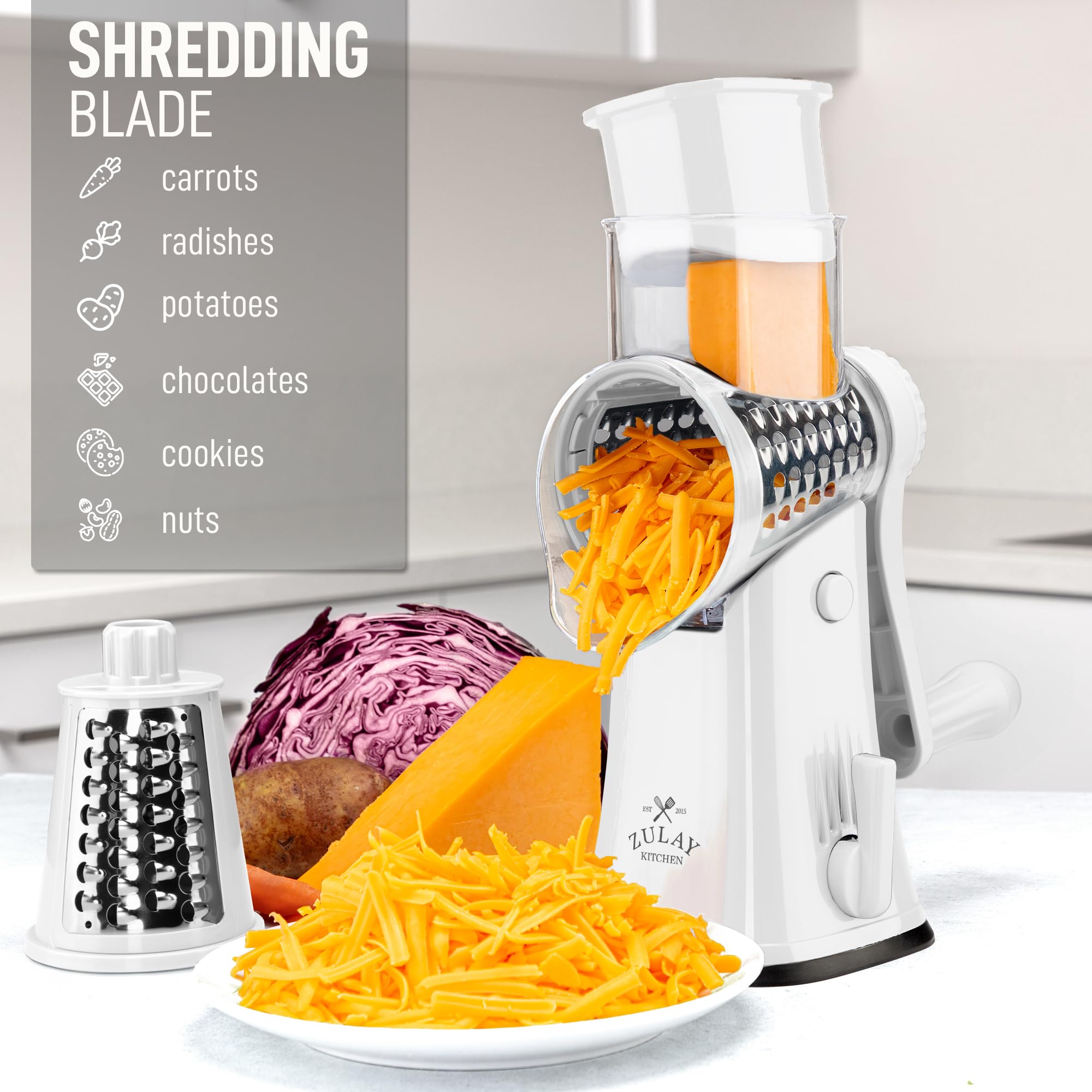 Hopper and food pusher on Zulay Kitchen grater keeps hands safe