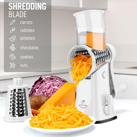 Hopper and food pusher on Zulay Kitchen grater keeps hands safe