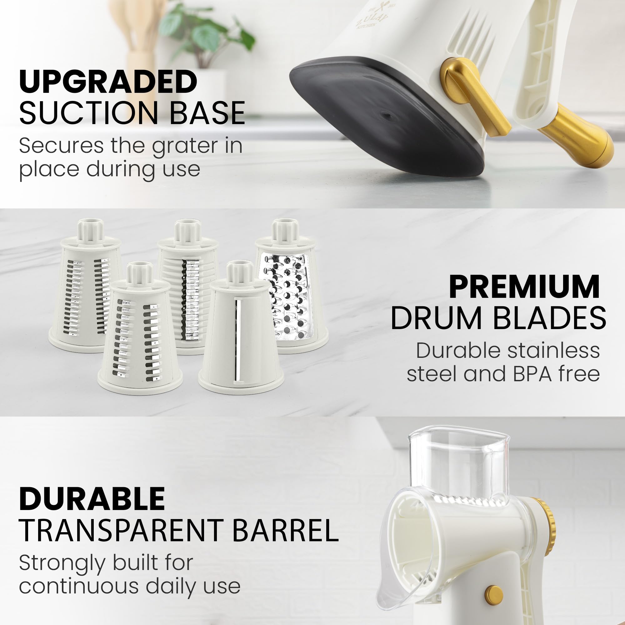 Zulay Kitchen rotary grater supports vegetable slicing for prep.