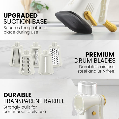 Zulay Kitchen rotary grater supports vegetable slicing for prep.