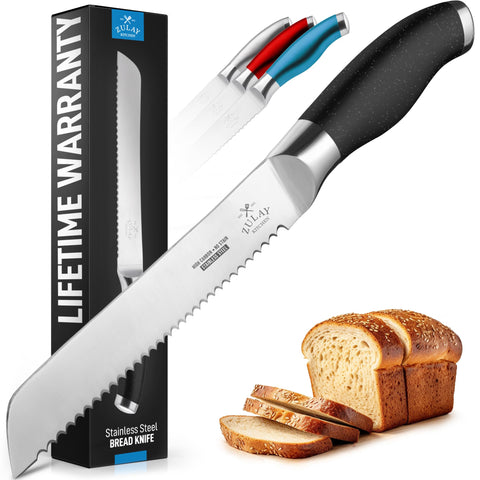 Zulay Kitchen serrated bread knife with an 8-inch blade for crusty bread slicing.