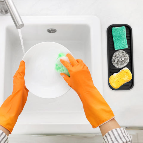 Zulay Kitchen sponge holder handles heat up to 570°F near the sink.