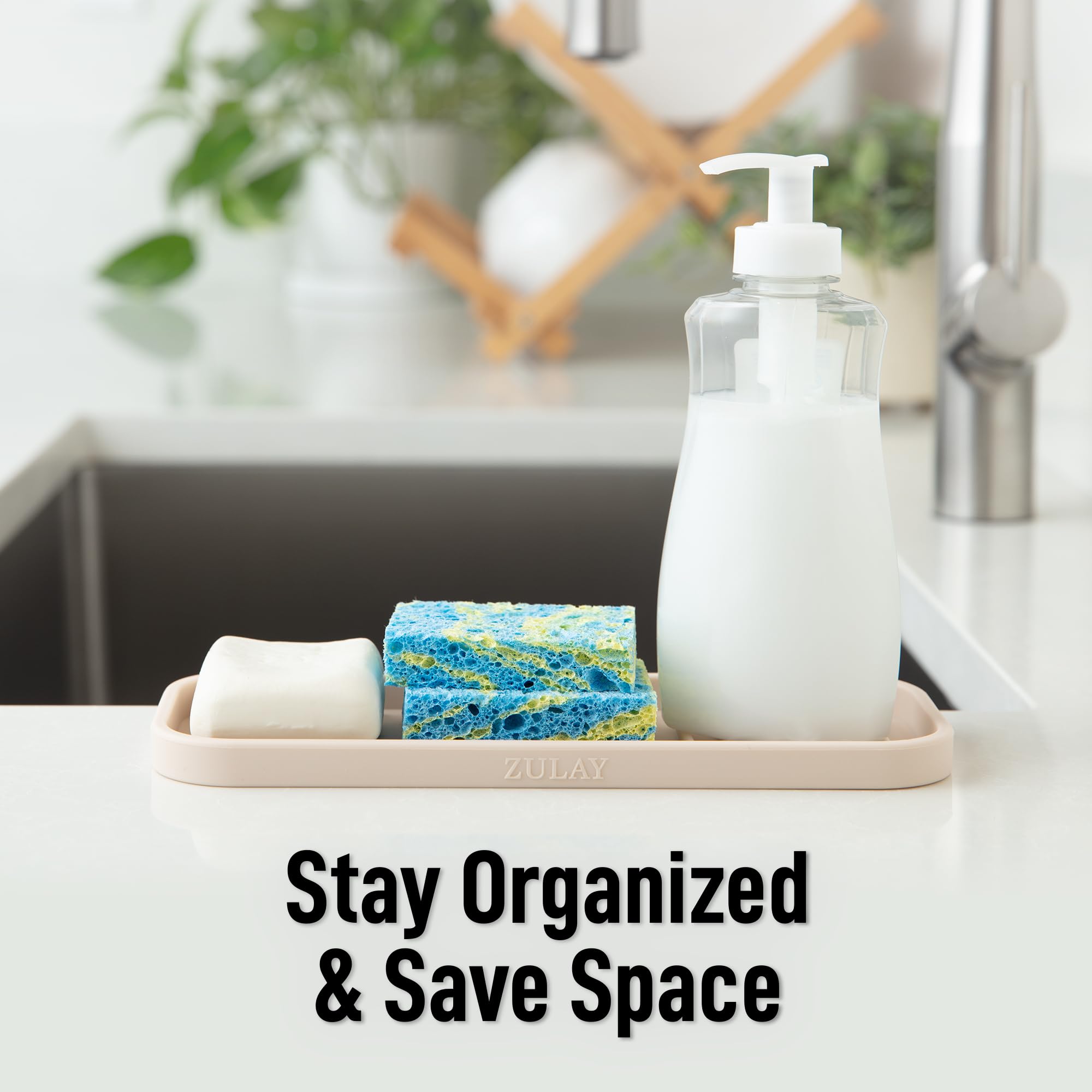 Zulay Kitchen compact silicone sponge holder saves counter space in any room