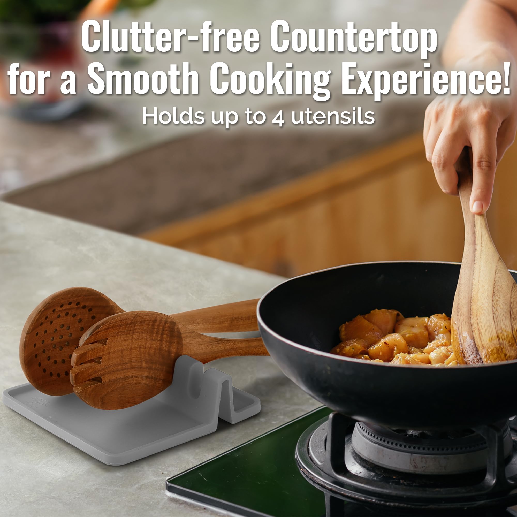 Close-up of heat-resistant Zulay silicone utensil rest near stove
