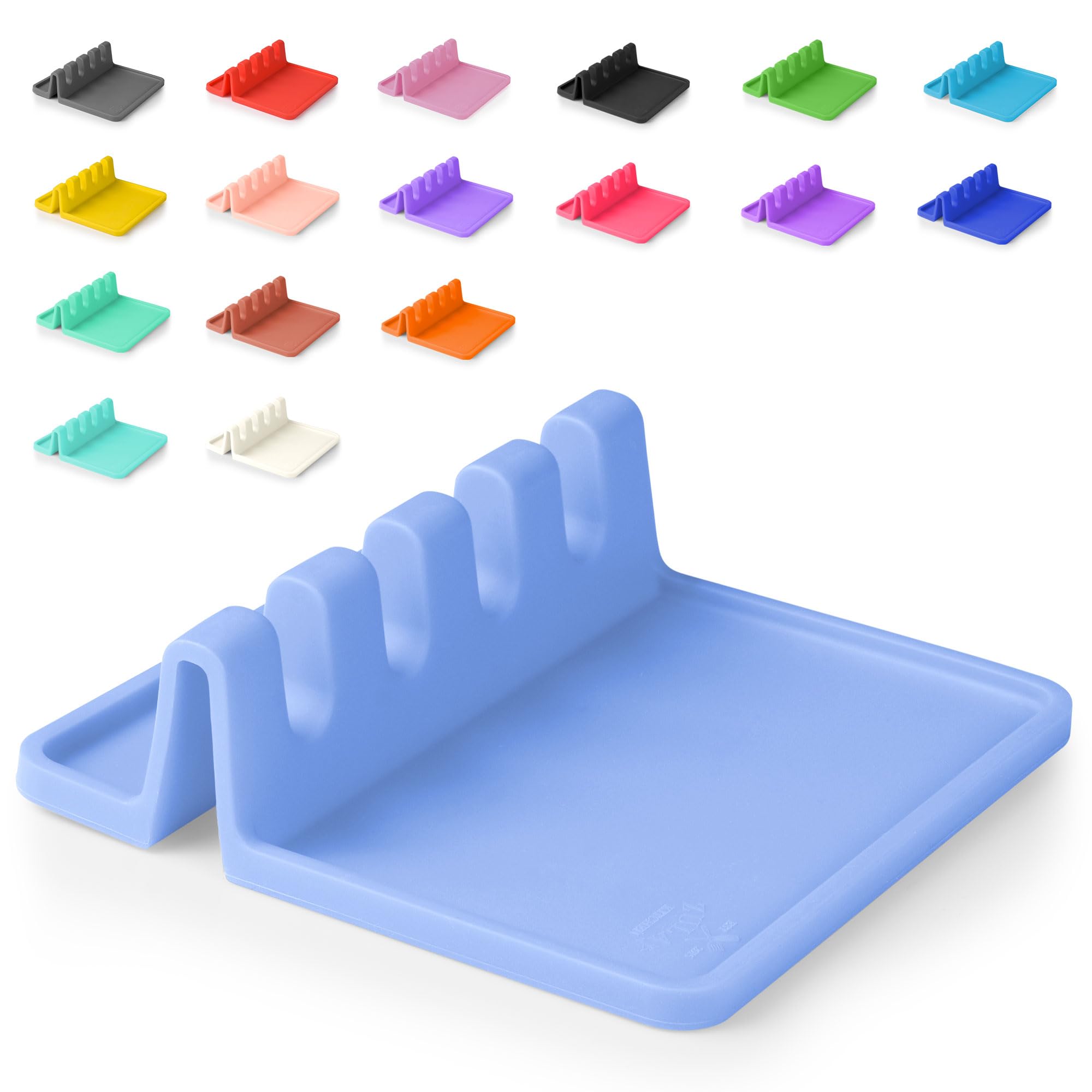 Zulay Kitchen silicone utensil rest periwinkle with drip pad for mess-free counters.