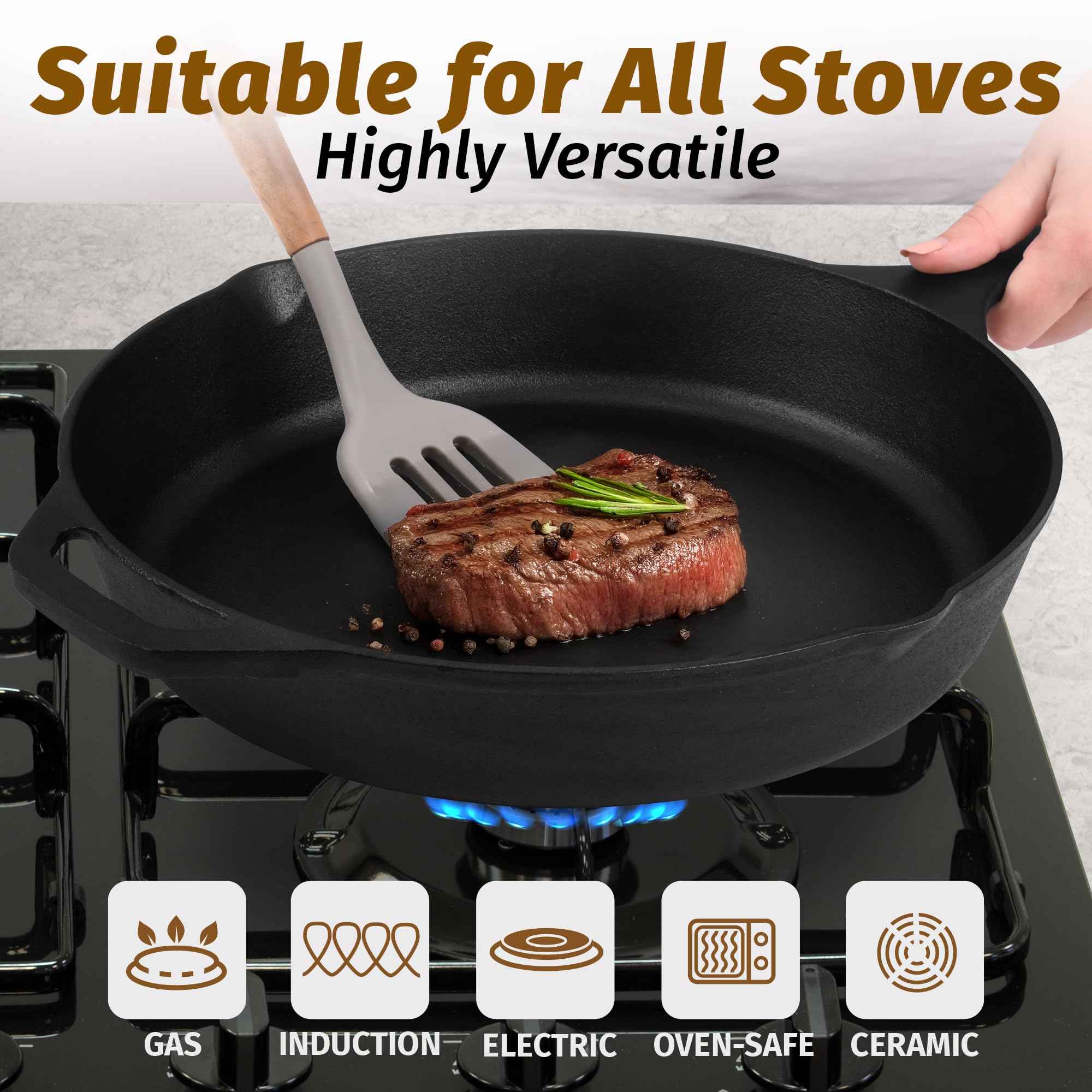 Zulay Kitchen skillet searing steak demonstrates heat retention and browning.