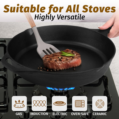 Zulay Kitchen skillet searing steak demonstrates heat retention and browning.