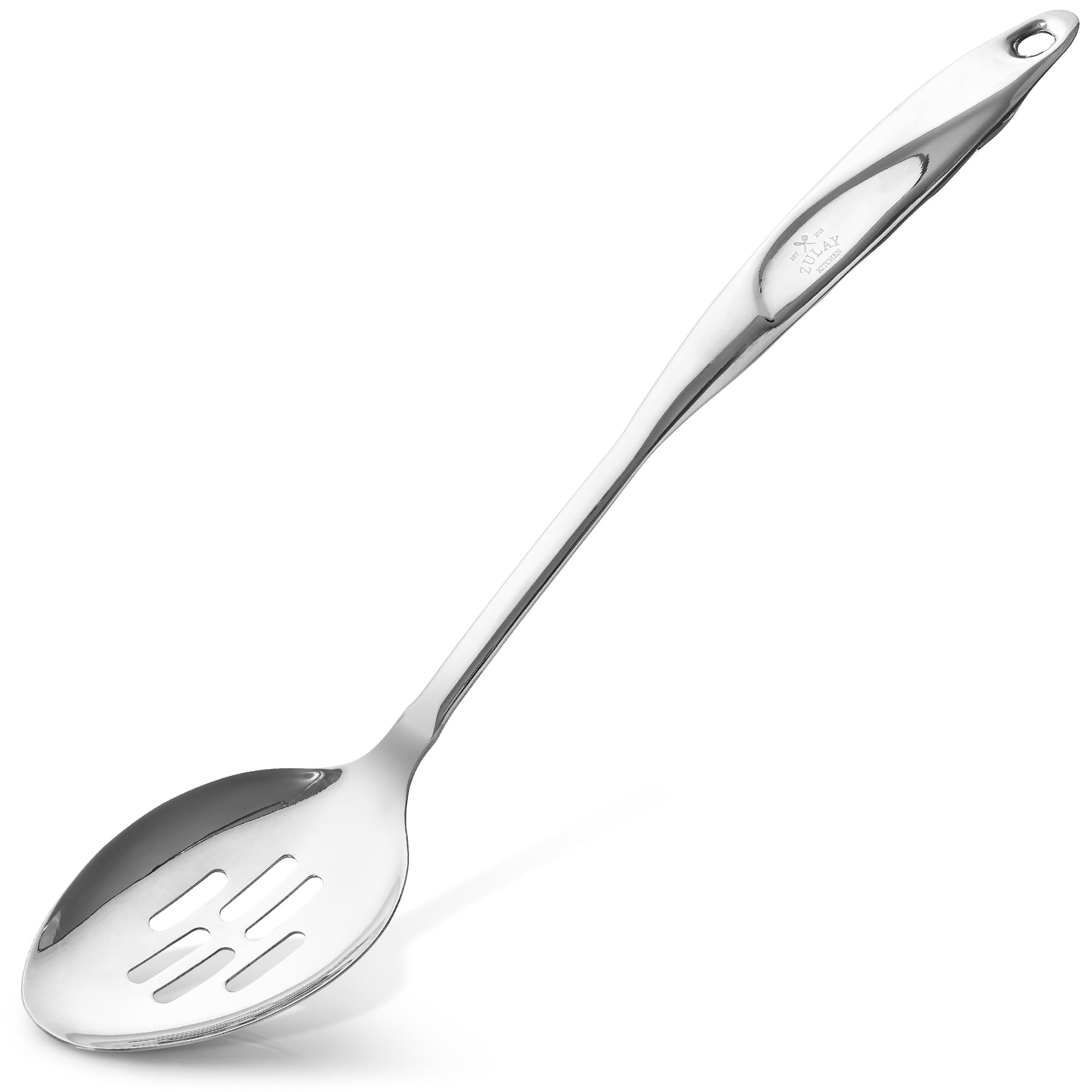 Zulay Kitchen 15-inch slotted spoon with ergonomic handle for easy draining.