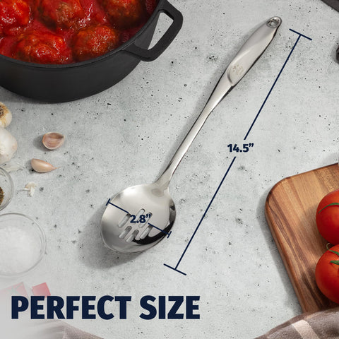 Zulay Kitchen dishwasher-safe slotted spoon cleans quickly after meals.