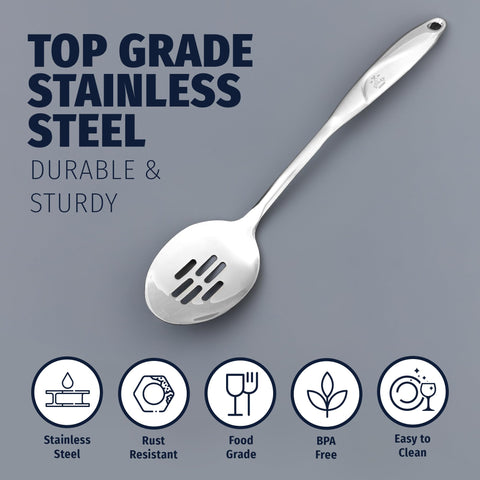 Zulay Kitchen rust-proof slotted spoon adds shine to buffets and tables.