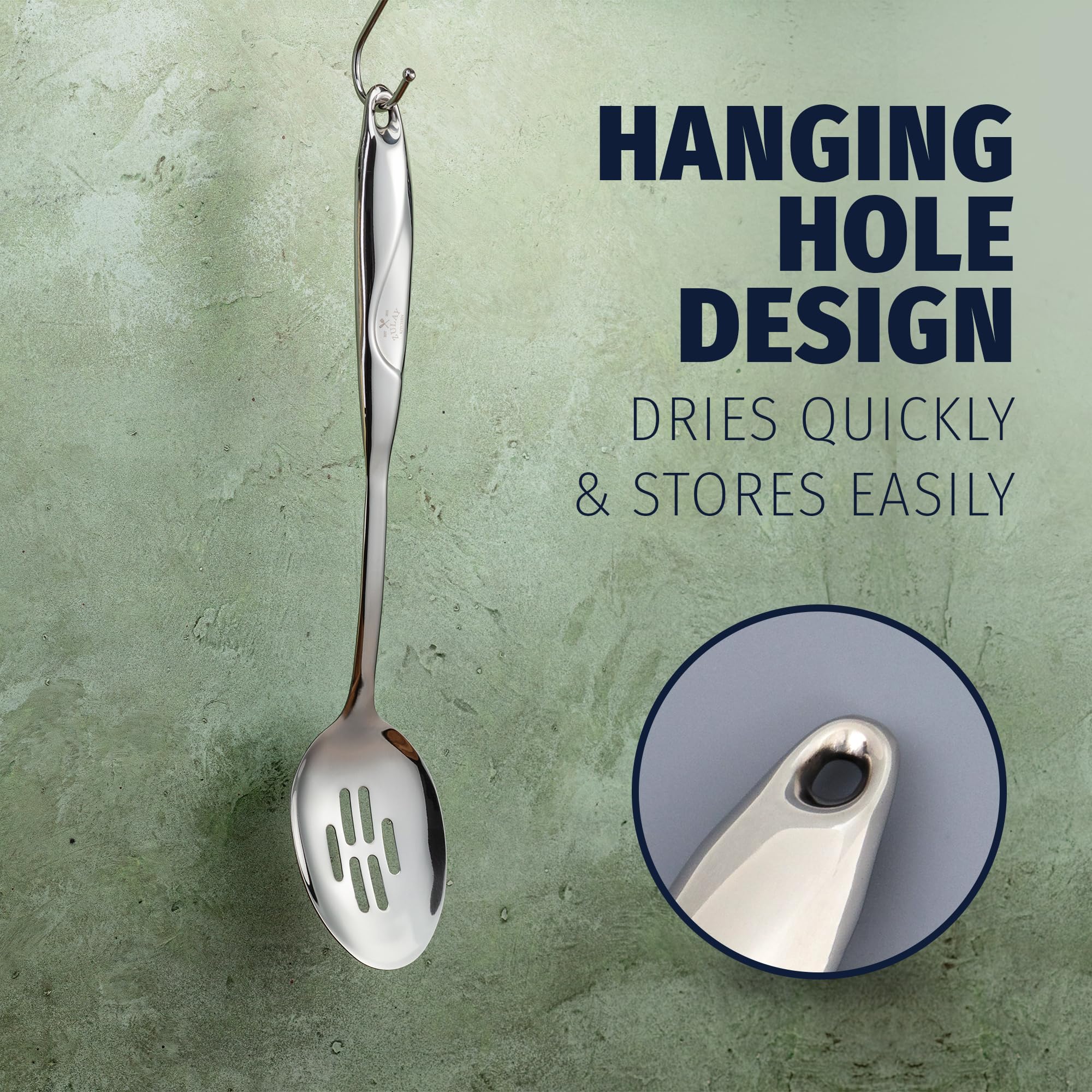Zulay Kitchen wide-bowl slotted spoon drains vegetables efficiently for cooking and serving.