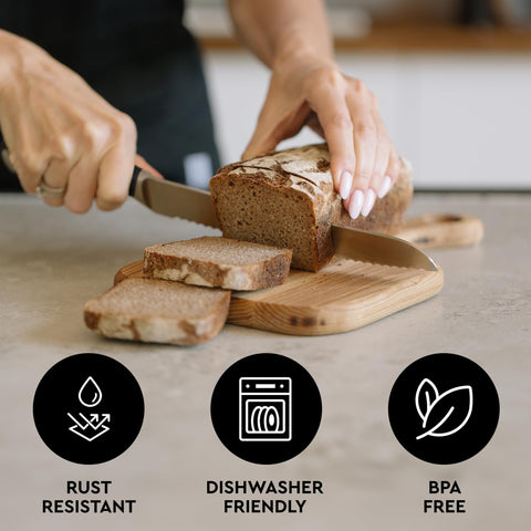 Zulay Kitchen stainless steel construction ensures long-lasting bread knife performance.