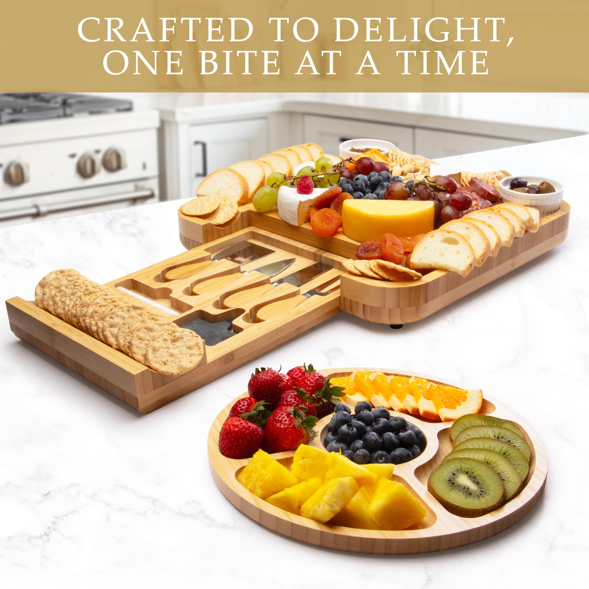 Zulay Kitchen stainless-steel cheese utensils with bamboo handles for serving.