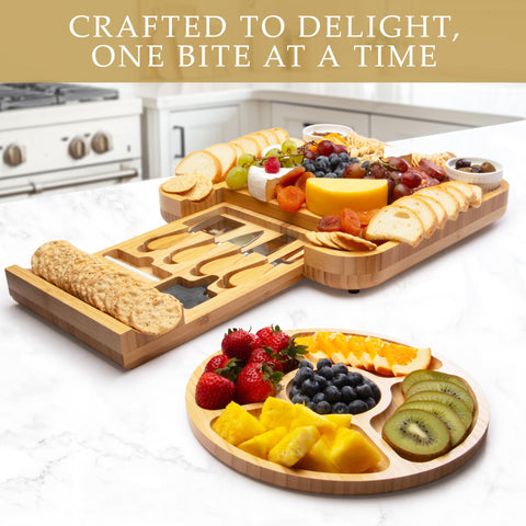 Zulay Kitchen stainless-steel cheese utensils with bamboo handles for serving.