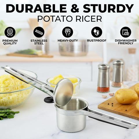 Zulay Kitchen stainless steel potato ricer resists rust and stains for lasting performance.