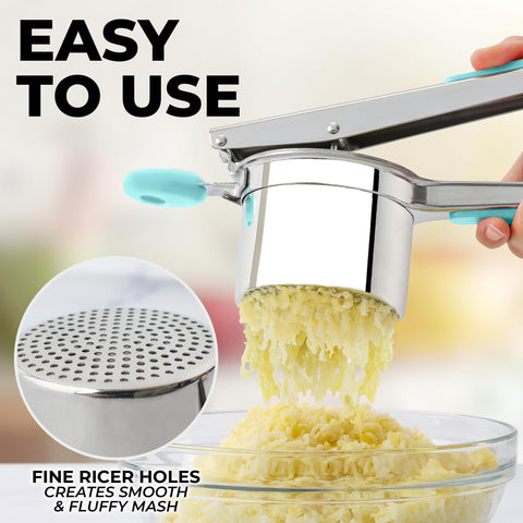 Zulay Kitchen stainless steel ricer basket promotes even mashing for smooth results.