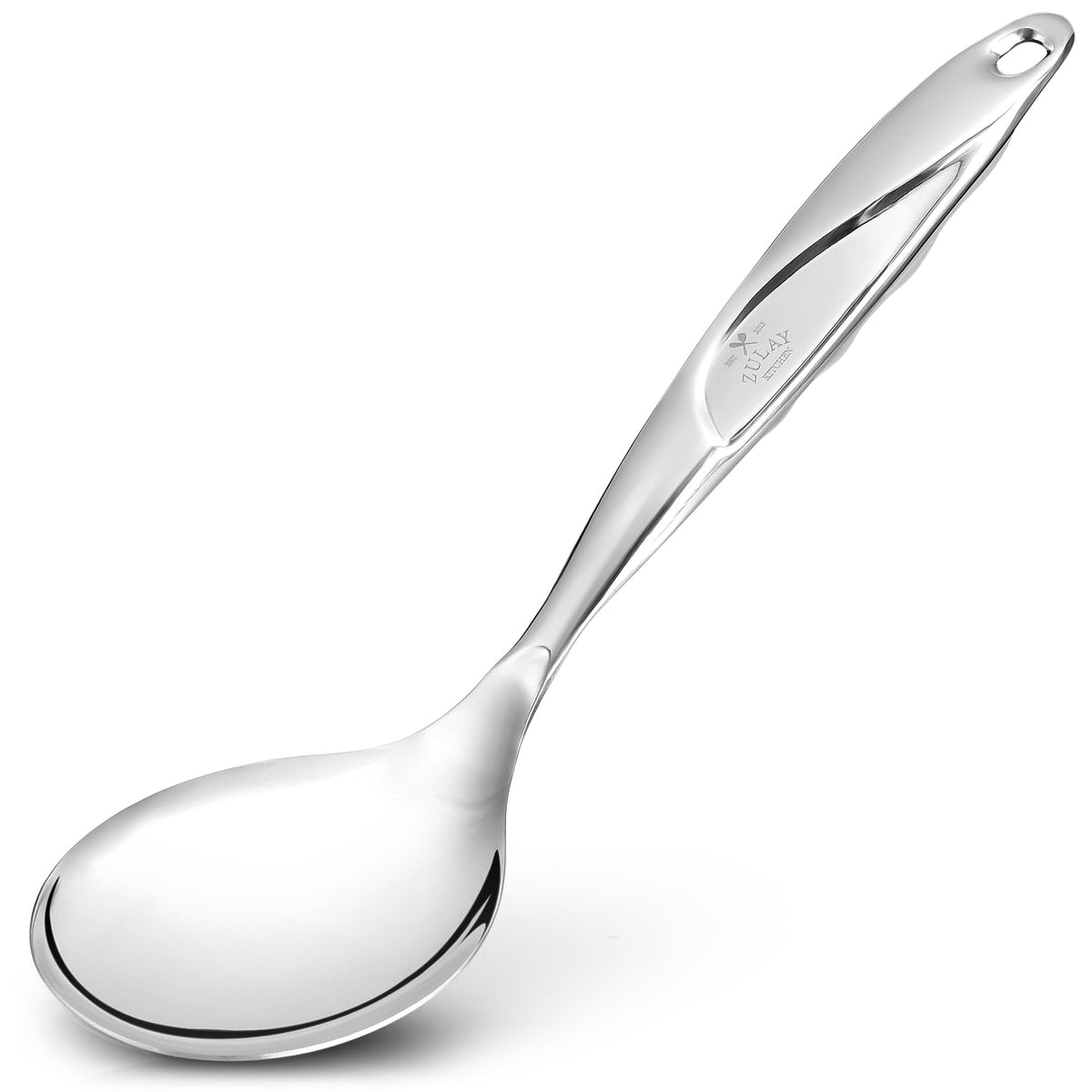Zulay Kitchen stainless steel serving spoon with ergonomic handle for easy buffet serving.