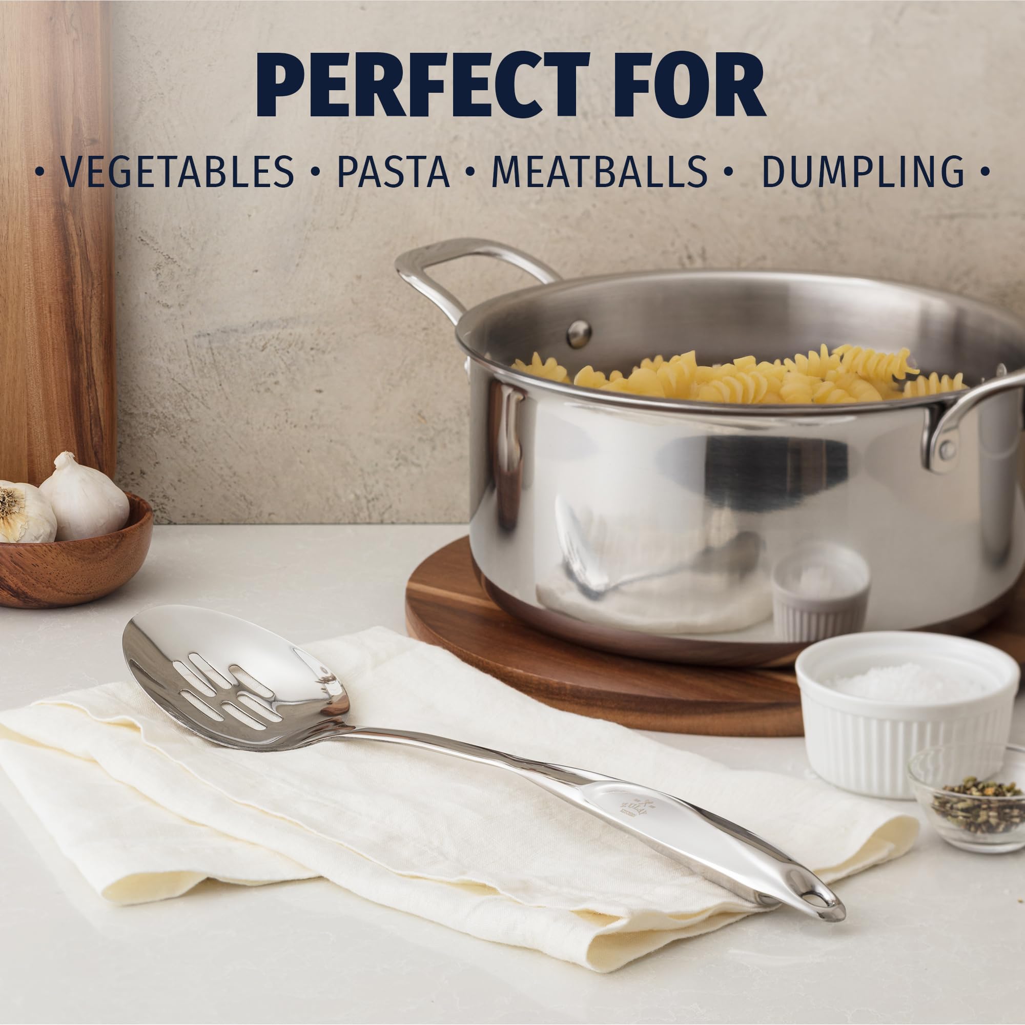 Zulay Kitchen stainless steel slotted spoon with ergonomic handle for confident control.